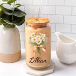 Verre en verre personnalisé avec couvercle en bambou et paille Cadeau d'anniversaire de mariage Cadeau de douche pour femmes