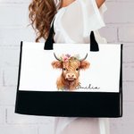 Personalised Floral Highland Cow Canvas Large Tote Bag with Name and Ribbon Birthday Christmas Travel Accessories Gift for Her