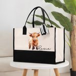 Personalised Floral Highland Cow Canvas Large Tote Bag with Name and Ribbon Birthday Christmas Travel Accessories Gift for Her