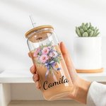 Verre en verre personnalisé avec couvercle en bambou et paille Cadeau d'anniversaire de mariage Cadeau de douche pour femmes