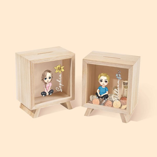 Personlig Söt Tecknad Karaktär Födelse Blomma Trä Klar Spargris Sparbössa med Namn Födelsedag Barndag Skrivbordsdekoration Present för Pojkar Flickor