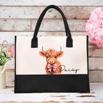 Personalised Floral Highland Cow Canvas Large Tote Bag with Name and Ribbon Birthday Christmas Travel Accessories Gift for Her