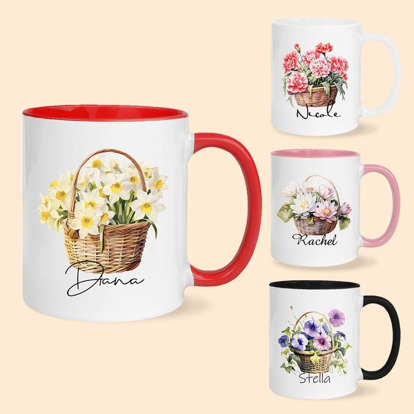 Personalized Birth Flower Basket 11oz Ceramic Coffee Mug with Name Birthday Gift for Women