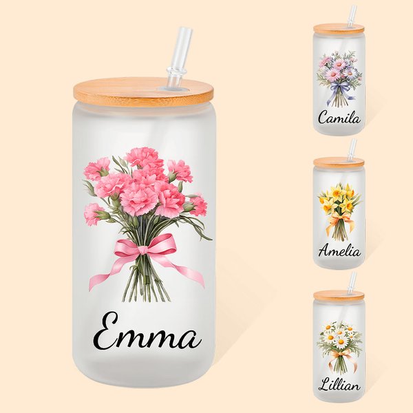 Verre en verre personnalisé avec couvercle en bambou et paille Cadeau d'anniversaire de mariage Cadeau de douche pour femmes