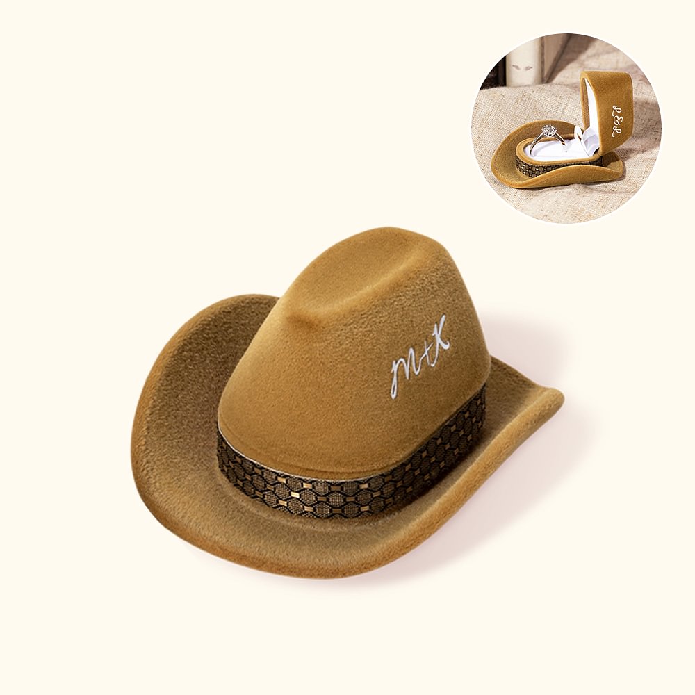 Boîte de Bague Personnalisée avec Initiales Accessoire Forme Chapeau de Cow-Boy Cadeau de Mariage pour Jeunes Mariés