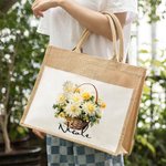 Personalized Birth Flower Name Large Reusable Jute Bag with Front Pocket Festival Birthday Gift for Women