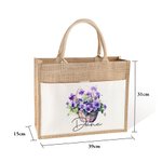 Personalized Birth Flower Name Large Reusable Jute Bag with Front Pocket Festival Birthday Gift for Women
