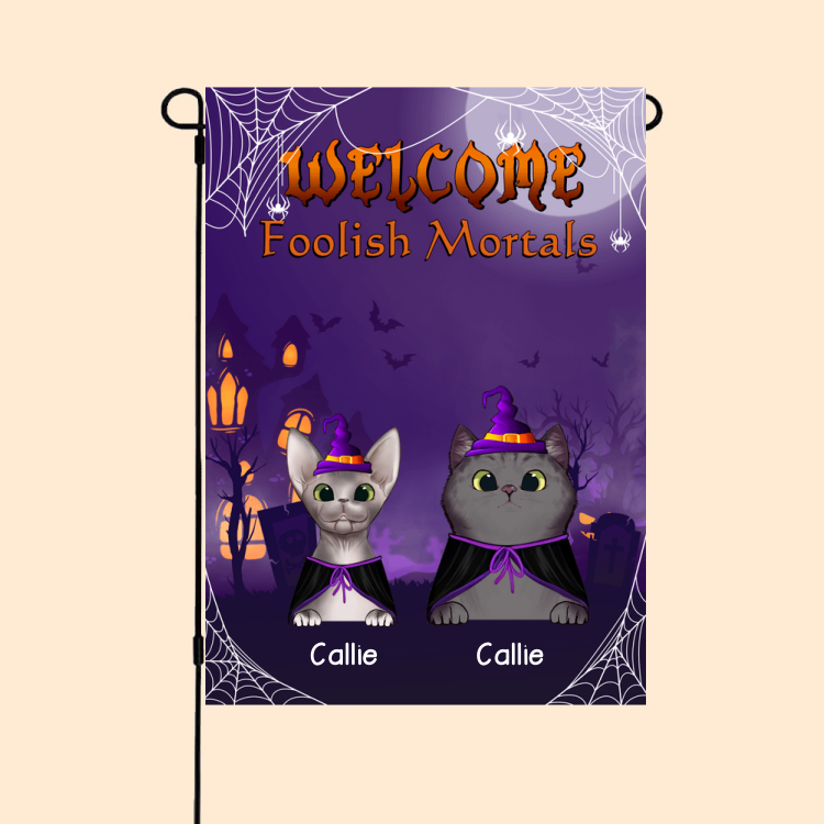 Drapeau de Jardin Personnalisé avec Nom et Dessin de Chat Cosplay Décoration du Jardin Cadeau d'Halloween pour Famille Amoureux de Chat
