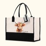 Personalised Floral Highland Cow Canvas Large Tote Bag with Name and Ribbon Birthday Christmas Travel Accessories Gift for Her
