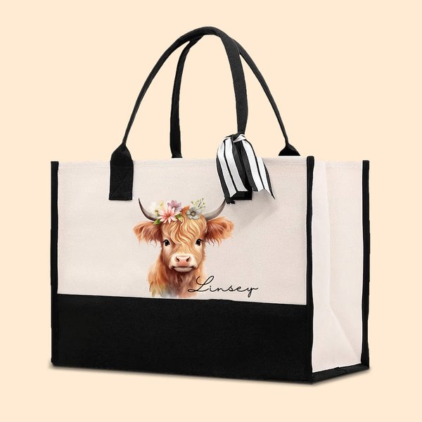 Personalized Floral Highland Cow Canvas Large Tote Bag with Name and Ribbon Birthday Christmas Travel Accessories Gift for Her