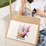 Personalized Birth Flower Name Large Reusable Jute Bag with Front Pocket Festival Birthday Gift for Women