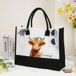 Personalised Floral Highland Cow Canvas Large Tote Bag with Name and Ribbon Birthday Christmas Travel Accessories Gift for Her