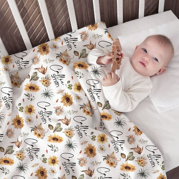 Couverture d'emmaillotage personnalisée Tournesol pour bébé fille garçon avec nom Décoration de chambre d'enfant Anniversaire Cadeau de douche de bébé