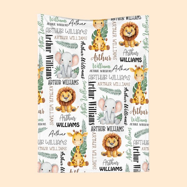 Personalized Jungle Safari Animals Lion Soft Throw Blanket with Name Baby Shower Gift for Girls Boys