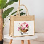 Personalized Birth Flower Name Large Reusable Jute Bag with Front Pocket Festival Birthday Gift for Women