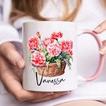 Personalized Birth Flower Basket 11oz Ceramic Coffee Mug with Name Birthday Gift for Women