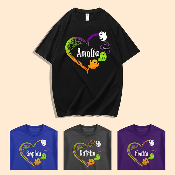 Personalizzato Halloween Fantasmi Famiglia Cuore Design T-Shirt Felpa con cappuccio con 1-13 Nome Regalo di Halloween per la mamma nonna