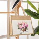 Personalized Birth Flower Name Large Reusable Jute Bag with Front Pocket Festival Birthday Gift for Women