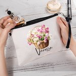 Personalized Birth Flower Basket Name Makeup Bag with Wrist Strap Birthday Anniversary Gift for Women