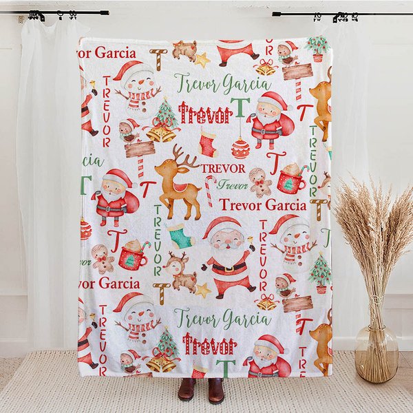 Manta navideña personalizada Papá Noel Reno Muñeco de nieve con nombre Decoración del hogar Regalo navideño para niño Familia Amigo