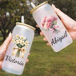 Verre en verre personnalisé avec couvercle en bambou et paille Cadeau d'anniversaire de mariage Cadeau de douche pour femmes