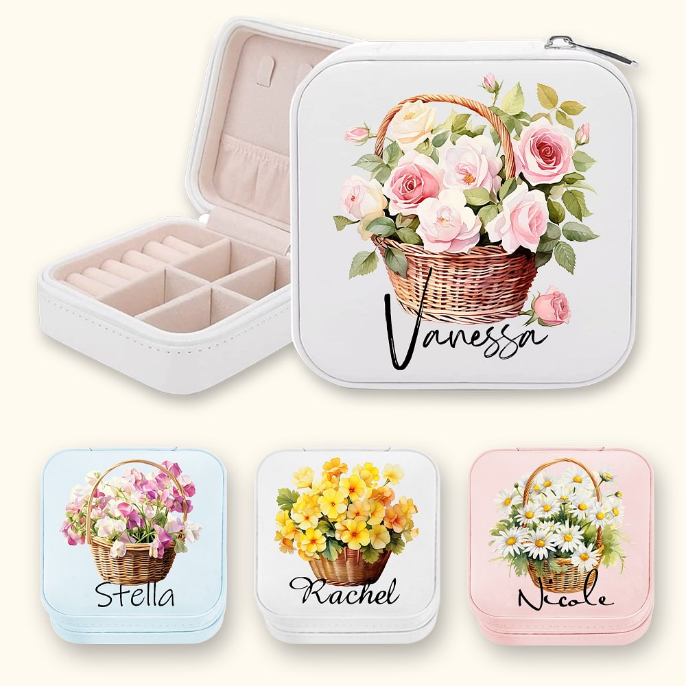 Panier de fleurs personnalisé en cuir PU avec nom Accessoires de voyage portables Cadeau d'anniversaire pour les femmes et les filles