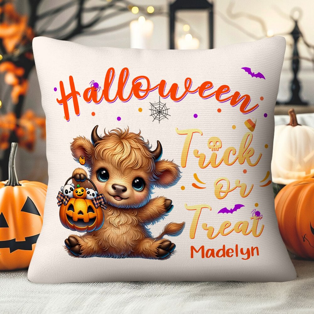 Taie d'Oreiller Personnalisée avec Nom à Motif Vache Highland d'Halloween Décoration d'Intérieur Cadeau Emménagement Halloween pour Famille