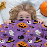 Personalised Ghost Bat Pumpkin Design Soft Throw Blanket with Name Halloween Home Decor Gift for Kids