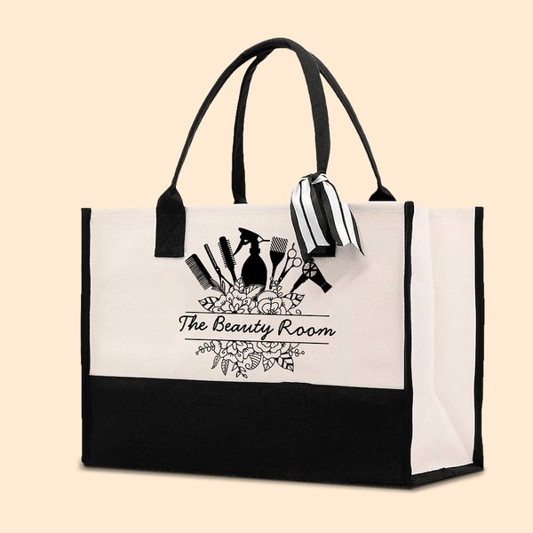 Personalized Floral Hair Cut Tool Design Canvas Large Tote Bag with Text Birthday Work Accessories Gift for Hairstylist
