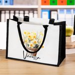 Personalised Birth Flower Bouquet Basket Large Canvas Tote Bag with Name Daily Travel Work Essentials Birthday Anniversary Gift for Her