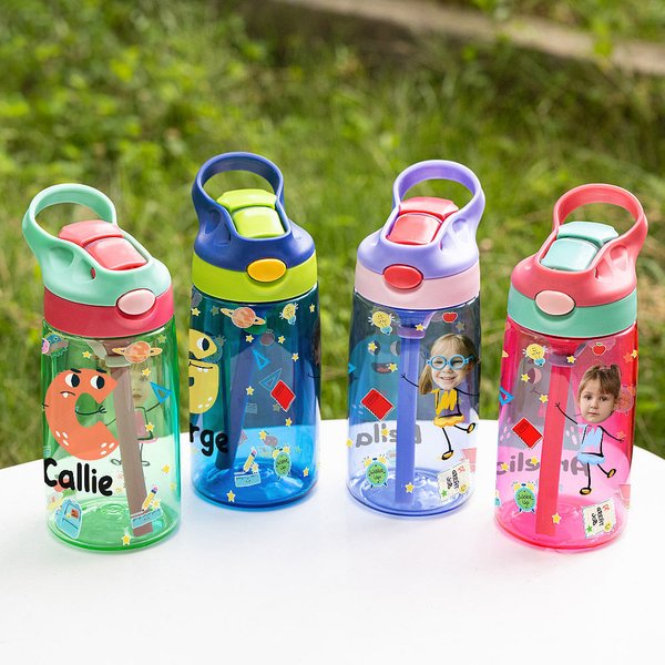 Personalized Kids' 16oz Water Bottle with Photo & Name | Silicone Straw & Handle | Back to School Essential