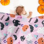 Personalised Ghost Bat Pumpkin Design Soft Throw Blanket with Name Halloween Home Decor Gift for Kids