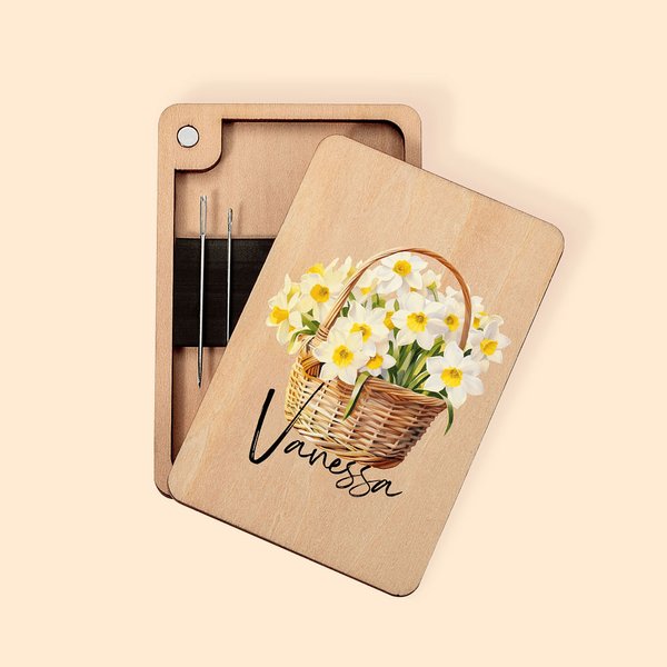 Personalizada Nacimiento Flor Cesta Ramo de madera magnética caja de agujas con nombre cumpleaños aniversario regalo para los amantes de la costura