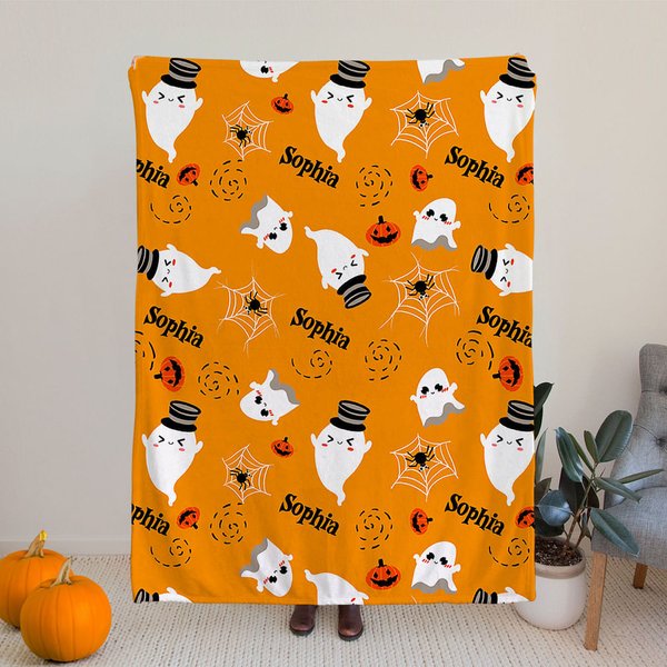 Personalized Ghost Bat Pumpkin Design Soft Throw Blanket with Name Halloween Home Decor Gift for Kids