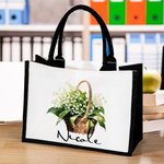 Personalised Birth Flower Bouquet Basket Large Canvas Tote Bag with Name Daily Travel Work Essentials Birthday Anniversary Gift for Her