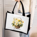 Personalised Birth Flower Bouquet Basket Large Canvas Tote Bag with Name Daily Travel Work Essentials Birthday Anniversary Gift for Her