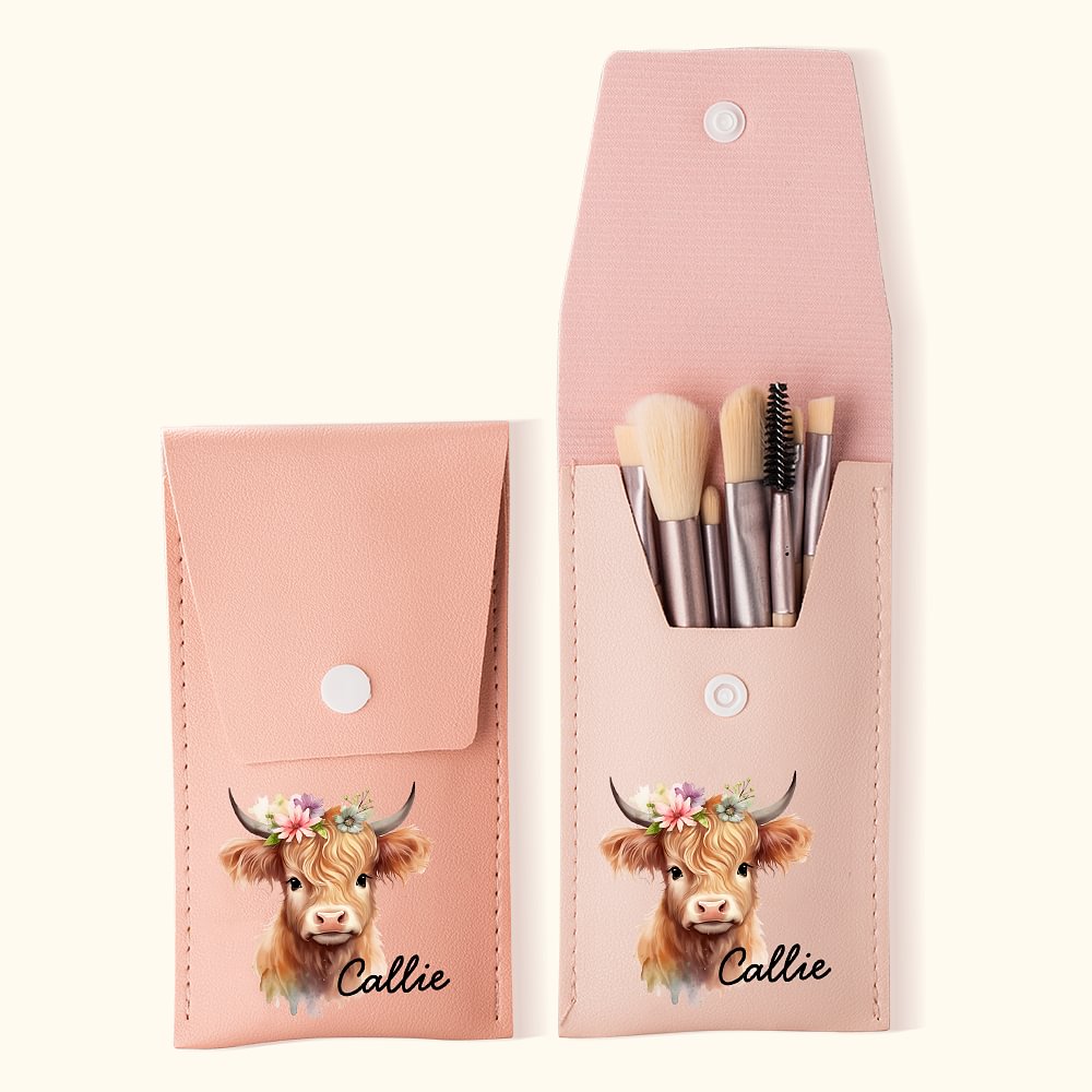 Sac à pinceaux de voyage en cuir avec 8 pinceaux de maquillage Cadeau d'anniversaire pour les femmes qui aiment les vaches des Highlands