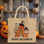 Henkilökohtainen sarjakuvahahmo Kurpitsa Design temppu tai Treat karkkia Juutti Kangaskassi kanssa Initial & nimi Halloween puolue suosii lahja lapsille