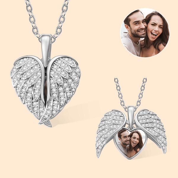 Collier en Coeur Personnalisé avec Photo Pendentif d'Ailes d'Ange en Zircon Cadeau Souvenir Anniversaire pour Femme