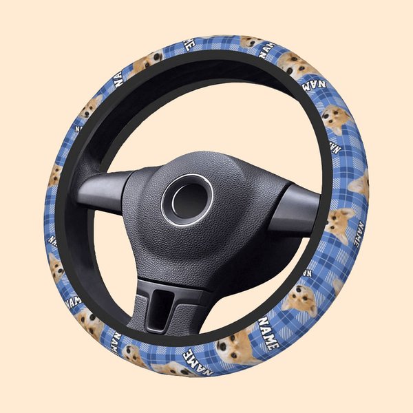 Personalized Multicolor Plaid 1-3 Dog Cat Portrait Anti-slip Elastic Car Steering Wheel Cover with Name Birthday Gift for Pet Lovers