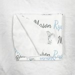 Personalized Blue Elephant Name Newborn Swaddle Blanket Hat Headband Set Baby Shower Photography Gift for Baby Boy