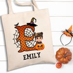 Personalized Cute Cartoon Character Pumpkin Design Canvas Tote Bag with Initial & Name Halloween Party Favor Gift for Kids