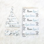 Personalized Blue Elephant Name Newborn Swaddle Blanket Hat Headband Set Baby Shower Photography Gift for Baby Boy
