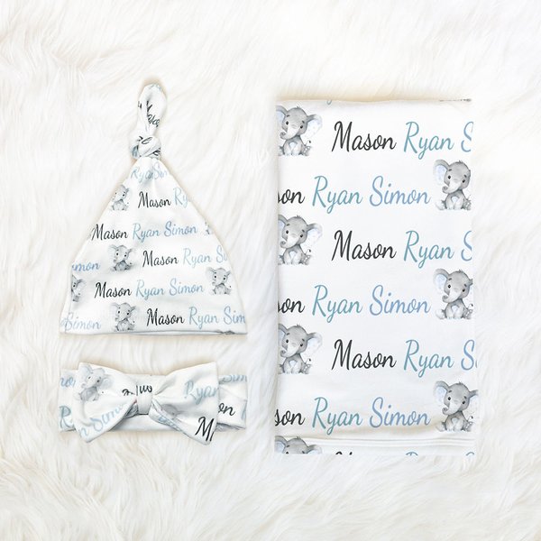 Personalized Blue Elephant Name Newborn Swaddle Blanket Hat Headband Set Baby Shower Photography Gift for Baby Boy