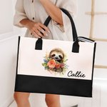 Personalized Cute Cartoon Floral Sloth Canvas Large Tote Bag with Name and Waterproof Liner Birthday Gift for Women Sloth Lovers