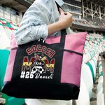 Personalised Multicolor Football Soccer Mom Large Capacity Leopard Print Mesh Belt Tote Bag with Name and Number Birthday Gift for Women