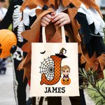Personalized Cute Cartoon Character Pumpkin Design Canvas Tote Bag with Initial & Name Halloween Party Favor Gift for Kids