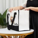 Personalized Cute Cartoon Floral Sloth Canvas Large Tote Bag with Name and Waterproof Liner Birthday Gift for Women Sloth Lovers