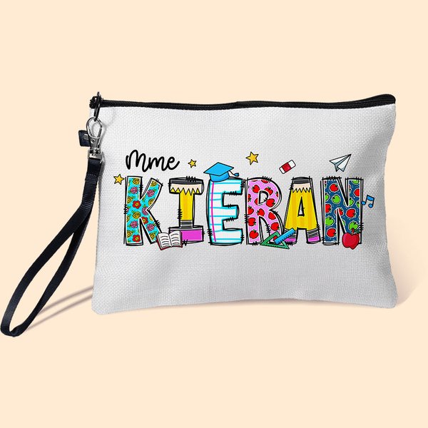 Trousse à Crayons en Lin Personnalisée avec Titre et Nom Motif Pomme Cahier Sac avec Bracelet Cadeau Remerciement Rentrée Scolaire pour Enseignant