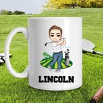Personalised Cartoon Women Men Character 11oz Ceramic Mug with Name Golf Birthday Gift for Golf Lover